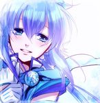  aoki_lapis blue_eyes blue_hair blush gloves hand_on_own_chest long_hair short_sleeves smile solo suzunosuke_(sagula) vocaloid 
