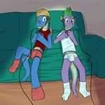  aged_up anthro blue_scales briefs brown_hair bulge clothing controller dragon duo ear_fins fangs friendship_is_magic fuze game_controller green_belly green_couch green_eyes green_scales hair headset hi_res holding male my_little_pony original_character purple_scales raised_shirt red_footwear red_shirt red_socks scales scalie sharp sharp_(character) sharp_teeth shirt short_hair sitting sleeveless_shirt socks sofa spike_(mlp) tank_top teeth underwear video_games white_footwear white_shirt white_socks wings yellow_belly yellow_eyes 