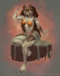  abstract_background anthro bra breasts brown_hair canine clothed clothing female fur hair jewelry long_hair mammal mithril07 sitting skimpy solo toned underwear wolf 