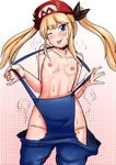  ;p areolae blonde_hair blue_eyes blush cosplay dead_or_alive dead_or_alive_5 flat_chest hair_ribbon hat head_tilt heavy_breathing highres long_hair marie_rose mario mario_(cosplay) mario_(series) naked_overalls namesake nipples no_panties one_eye_closed overalls polka_dot polka_dot_background ribbon ribs solo super_mario_bros. sweat tongue tongue_out twintails undressing yukihana_(awa) 