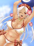  armpits ball beachball bikini breasts cleavage cloud day groin hat highres large_breasts one_eye_closed open_mouth r44 red_eyes sengoku_collection smile solo sparkle swimsuit takeda_shingen_(sengoku_collection) white_bikini white_hair 