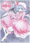  :d absurdres barefoot bat_signal bat_wings bloomers blue_hair chikado colored_pencil_(medium) dress dress_lift fang flat_chest frilled_dress frills full_moon hat hat_ribbon highres mob_cap moon open_mouth red_eyes red_moon remilia_scarlet ribbon short_hair smile touhou traditional_media underwear wings 