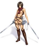  abs black_eyes black_hair breasts dual_wielding holding irotsuya looking_at_viewer medium_breasts mikasa_ackerman muscle nipples nude pubic_hair pussy scarf shingeki_no_kyojin short_hair solo sword thigh_strap three-dimensional_maneuver_gear uncensored weapon 