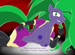  anthro breasts clothing equine female friendship_is_magic fur green_eyes green_hair hair hi_res hooves horse looking_at_viewer lying mammal mane-iac_(mlp) my_little_pony navel nipples pony presenting purple_fur sct-trigger1221 smile solo text 