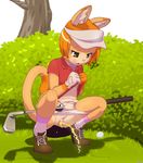  anthro blush cat clothed clothing crouching feline female golf golf_club grass hair kaitou mammal open_mouth orange_hair outside panties panties_down peeing pink_nose pussy shadow solo tree underwear urine watersports 
