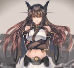  black_gloves blush brown_eyes brown_hair crossed_arms elbow_gloves fingerless_gloves gloves gunbuster_pose hairband headgear kabocha_(monkey4) kantai_collection long_hair looking_at_viewer midriff nagato_(kantai_collection) navel simple_background skirt solo 