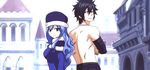  2boys 2girls angry animated animated_gif back-to-back blue_eyes chelia_blendy couple fairy_tail gray_fullbuster hat heart hearts hug juvia_loxar long_hair lyon_bastia multiple_boys multiple_girls open_mouth surprised tattoo topless 