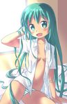  aki_(akisora_hiyori) arm_support blush green_eyes green_hair hair_down hatsune_miku highres long_hair open_clothes open_mouth open_shirt panties shirt sitting solo striped striped_panties underwear very_long_hair vocaloid window 