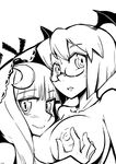  bespectacled breast_grab breasts glasses grabbing greyscale head_wings highres koakuma large_breasts looking_at_viewer maru-sun monochrome multiple_girls naughty_face nipples nude patchouli_knowledge short_hair smile touhou yuri 