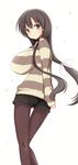  arms_behind_back blush breasts brown_eyes brown_hair hair_ribbon highres huge_breasts impossible_clothes impossible_shirt itamochi iwato_kasumi long_hair looking_at_viewer looking_back pantyhose ribbon saki shirt short_shorts shorts smile solo standing striped sweater thigh_gap twintails white_background 