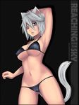  animal_ears arm_up armpits bikini black_bikini blue_eyes breasts cameltoe cat_ears cat_tail covered_nipples large_breasts lowleg lowleg_bikini micro_bikini navel nekochank original parted_lips shiny shiny_skin short_hair solo standing strap_gap swimsuit tail underboob white_hair 