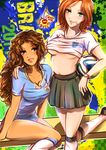  2girls absurdres ball brazuca breasts brown_eyes brown_hair cherry_in_the_sun cleavage england green_eyes highres huge_filesize large_breasts long_hair multiple_girls original shirt_lift short_hair soccer_ball soccer_uniform sportswear underboob uruguay world_cup 