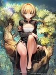  arm_support armband bare_legs blonde_hair bob_cut breasts caesty character_request china_dress chinese_clothes cleavage_cutout dress green_eyes hair_between_eyes kaizin_rumble leg_up nature short_hair side_slit sitting small_breasts solo tree watermark 