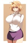  alternate_costume antenna_hair arcueid_brunestud arms_behind_back blonde_hair breasts highres hikora huge_breasts impossible_clothes impossible_sweater melty_blood miniskirt no_legwear purple_skirt red_eyes short_hair skin_tight skirt smile solo sweater tsukihime turtleneck 