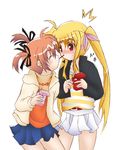  2girls black_ribbon blonde_hair blush eyes_closed fate_testarossa female food hair_ornament inu0831 lyrical_nanoha mahou_shoujo_lyrical_nanoha mahou_shoujo_lyrical_nanoha_a&#039;s mahou_shoujo_lyrical_nanoha_a's multiple_girls orange_hair pink_ribbon pocky pocky_kiss red_eyes ribbon shared_food takamachi_nanoha yuri 