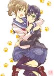  :d black_hair black_legwear blonde_hair brown_eyes green_eyes hug inugami-san_to_nekoyama-san inugami_yachiyo kneehighs leg_up looking_at_viewer multiple_girls nekoyama_suzu open_mouth oriotohime pantyhose paw_print ponytail school_uniform shoes short_hair skirt smile white_background white_legwear yuri 