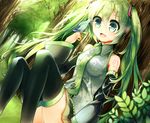  aaru bird detached_sleeves dutch_angle green_eyes green_hair hatsune_miku long_hair necktie open_mouth sitting skirt solo thighhighs tree twintails vocaloid 