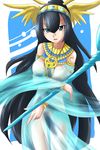  bare_shoulders black_hair blue_eyes bracelet breasts covered_nipples dress egyptian egyptian_clothes hairband head_wings highres ichigoya_(mazikayu) isis_(p&amp;d) jewelry long_hair long_sleeves medium_breasts necklace no_bra no_panties open_mouth puzzle_&amp;_dragons see-through smile snake solo very_long_hair white_dress wings 