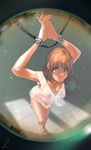  arms_up bdsm blush bondage bound breasts brown_hair chain covered_nipples cuffs from_above highres long_hair looking_at_viewer medium_breasts multicolored multicolored_eyes nipples original rapa_rachi see-through solo viewfinder 