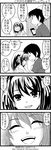  1girl 4koma bangs comic greyscale highres kandanchi kyon monochrome short_hair smile suzumiya_haruhi suzumiya_haruhi_no_yuuutsu translated 