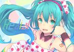  2014 absurdres aqua_eyes aqua_hair artist_name camisole character_name collar copyright_name hatsune_miku headphones highres long_hair nail_polish open_mouth redial_(vocaloid) solo twintails vocaloid wrist_cuffs yuki-02 