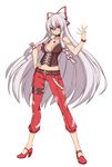  alternate_costume bangs bespectacled bow bracelet breasts choker cleavage fujiwara_no_mokou full_body glasses hair_bow hand_on_hip high_heels jewelry kugi_ta_hori_taira large_breasts long_hair looking_at_viewer navel pants pendant red_eyes silver_hair simple_background solo standing strap thigh_strap touhou very_long_hair white_background 
