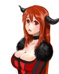  breasts brown_hair choker cleavage fur_trim haato_(silly_god) horns large_breasts long_hair looking_at_viewer maou_(maoyuu) maoyuu_maou_yuusha red_eyes red_hair solo tears upper_body white_background 