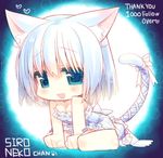  :d animal_ears bare_shoulders blue_background blue_eyes blush bow breasts cat_ears cat_tail chibi cleavage dress eyebrows_visible_through_hair full_body giuniu gradient gradient_background looking_at_viewer lowres open_mouth short_hair simple_background small_breasts smile solo strapless strapless_dress tail tail_bow tareme white_bow white_hair 