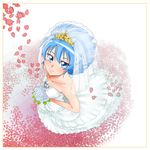  blue_eyes blue_hair blush bouquet bridal_veil dress eyelashes flower from_above gradient gradient_background happy jewelry looking_at_viewer looking_up nikukyuu-man nishijima_waon petals precure rose rose_petals short_hair smile solo spiked_hair standing suite_precure tile_floor tiles veil wedding wedding_dress white_dress white_flower white_rose 