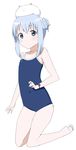  angora_rabbit animal animal_on_head baba_arumi bad_id bad_pixiv_id barefoot blue_eyes blue_hair braid bunny competition_school_swimsuit gochuumon_wa_usagi_desu_ka? hair_up kafuu_chino kneeling long_hair on_head one-piece_swimsuit school_swimsuit swimsuit tippy_(gochiusa) 