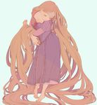  absurdly_long_hair barefoot blonde_hair closed_eyes corset cross-laced_clothes dress full_body highres light_smile long_hair long_sleeves matatatatabi purple_dress rapunzel_(disney) solo striped tangled vertical_stripes very_long_hair 