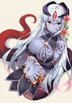  alisfieze_fateburn_xvi bare_shoulders blue_skin blush breast_rest breasts cleavage crossed_arms earrings elbow_gloves flower gloves hair_between_eyes hair_flower hair_ornament horns jewelry lamia large_breasts long_hair looking_at_viewer mon-musu_quest! monster_girl navel silver_hair simple_background smile solo tail tattoo white_hair yappen yellow_eyes 