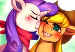  applejack_(mlp) bakki blonde_hair blue_eyes blush cowboy_hat duo earth_pony equine eyes_closed female friendship_is_magic hair hat horn horse mammal my_little_pony pony purple_hair rarity_(mlp) scarf smile unicorn 