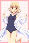  :d aiura blonde_hair blush breasts brown_eyes collarbone eyebrows_visible_through_hair hair_bobbles hair_ornament highres ki_(kk-sk-ray) labcoat looking_at_viewer off_shoulder one-piece_swimsuit open_mouth outline pink_background revision school_swimsuit short_hair small_breasts smile solo swimsuit swimsuit_under_clothes wakatsuki_misuzu 