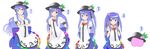  age_comparison arms_behind_back bag blouse blue_hair blush breast_hold breasts c: cleavage crossed_arms food fruit furiido_(idobatakaigisho) hair_bobbles hair_ornament highres hinanawi_tenshi long_hair looking_at_viewer medium_breasts peach puffy_short_sleeves puffy_sleeves red_eyes ribbon school_bag short_sleeves smile teenage touhou twintails white_blouse younger 