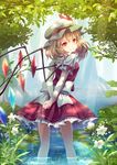  arms_behind_back blonde_hair bug butterfly dappled_sunlight dress flandre_scarlet flower forest hat hat_ribbon holding_arm insect kneepits looking_at_viewer looking_back mob_cap monmonga nature pond red_dress red_eyes ribbon sash side_ponytail smile solo sunlight touhou wading water wings 