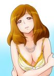  bakusai blue_background blush breasts brown_eyes brown_hair cleavage dress eyelashes gradient gradient_background jewelry kise_chiharu large_breasts long_hair looking_at_viewer mature necklace precure smile_precure! solo white_background 