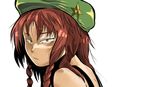  :/ beret blue_eyes braid close-up constricted_pupils face from_side green_hat hat hong_meiling long_hair looking_at_viewer looking_to_the_side messy_hair munakata_(sekimizu_kazuki) narrowed_eyes portrait red_hair serious simple_background solo staring touhou twin_braids white_background 