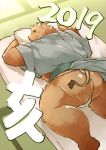  2019 anthro bed blush boar brown_fur bulge butt clothed clothing fundoshi fur higemorigen japanese_clothing japanese_text male mammal overweight overweight_male porcine sleeping solo text underwear 
