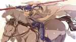 blue_hair cape earrings fate/stay_night fate_(series) gae_bolg horse jewelry kon_manatsu lancer long_hair male_focus polearm ponytail red_eyes solo spear weapon 