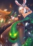  animal_ears battle_bunny_riven belt breasts broken bunny_ears bunnysuit cleavage folded_ponytail gloves highres league_of_legends medium_breasts open_mouth pantyhose ricegnat riven_(league_of_legends) sharp_teeth short_hair silver_hair single_glove slime smile sword tail teeth weapon white_hair wrist_cuffs yellow_eyes zac 