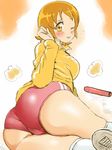  ass bloomers breasts brown_eyes brown_hair buruma deep_skin gan_balance happinesscharge_precure! huge_ass looking_back oomori_yuuko precure socks stick tongue tongue_out wink 