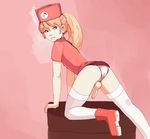  1boy androgynous arm_support ass back bent_over blonde_hair blue_eyes boots crossdressing erection fridge_(artist) from_behind gradient gradient_background hat long_hair looking_back panties panties_aside penis pink_panties ponytail smile testicles thighhighs thighs trap underwear white_legwear 