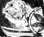  animal_ears fangs ginji_(sakaki_summer) greyscale inubashiri_momiji monochrome no_hat no_headwear open_mouth shield solo sword touhou weapon wolf_ears 