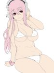  arm_support ban bare_shoulders bikini breasts cameltoe cleavage covered_nipples hair_between_eyes halterneck headphones large_breasts leaning_back long_hair navel nitroplus pink_eyes pink_hair plump simple_background sitting skindentation smile solo string_bikini super_sonico swimsuit white_background white_bikini wristband 