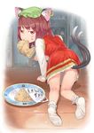  animal_ears cat_ears caught chen food mouth_hold multiple_tails ninny-world note paw_pose socks solo sweatdrop tail taiyaki touhou translated wagashi 