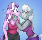  anthro anthrofied blue_eyes braided_hair breasts cleavage clothed clothing couple diamond_tiara_(mlp) duo earth_pony equine eyes_closed eyewear female friendship_is_magic glasses grey_hair hair horse kissing lesbian mammal my_little_pony pony ponytail purple_hair silver_spoon_(mlp) susiebeeca white_hair 