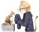  animal_ears blonde_hair blush brown_eyes cat cat_ears cat_tail earrings from_side hair_over_one_eye hood hood_down hoodie idolmaster idolmaster_cinderella_girls jewelry kamata_yuuya open_mouth profile shirasaka_koume short_hair sleeves_past_fingers sleeves_past_wrists solo tail 