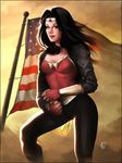  1girl amazon american_flag black_hair blue_eyes dc_comics female fingerless_gloves flag gloves jacket lasso leather leather_jacket leather_pants pants solo standing vambraces wonder_woman wonder_woman_(series) 