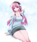  bare_shoulders breasts cleavage emappo headphones large_breasts long_hair looking_at_viewer nitroplus pink_hair red_eyes smile solo super_sonico 